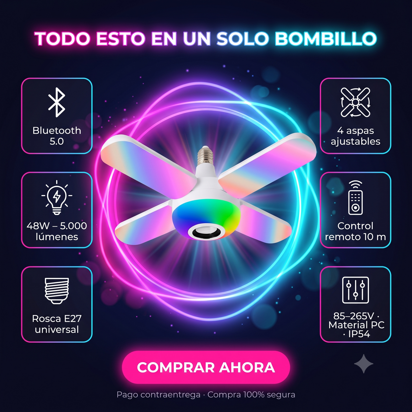 BOMBILLO PARLANTE RGB - ¡Tu cuarto, tus reglas. Crea la atmósfera perfecta para jugar, relajarte o festejar con un solo clic!