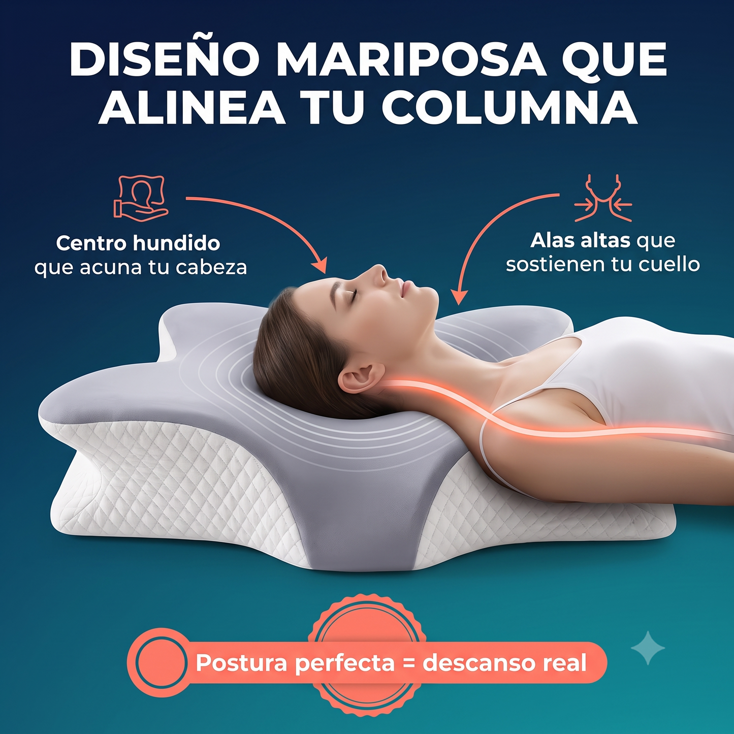 CerviCalm - ¡La almohada ortopédica con diseño mariposa que alinea tu columna y libera la presión cervical sin necesidad de masajes ni analgésicos!