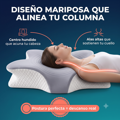 CerviCalm - ¡La almohada ortopédica con diseño mariposa que alinea tu columna y libera la presión cervical sin necesidad de masajes ni analgésicos!