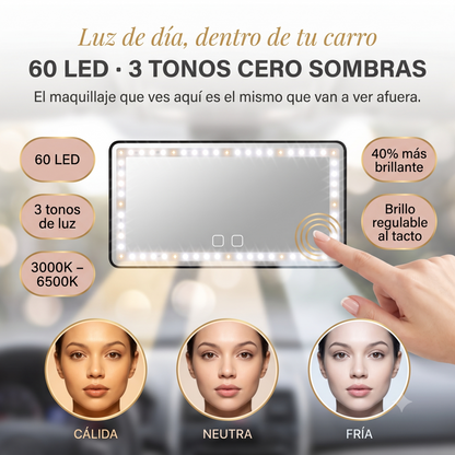 ESPEJO LED PARA CARRO - ¡Eleva tu rutina de belleza. Tu tocador personal, ahora sobre ruedas!