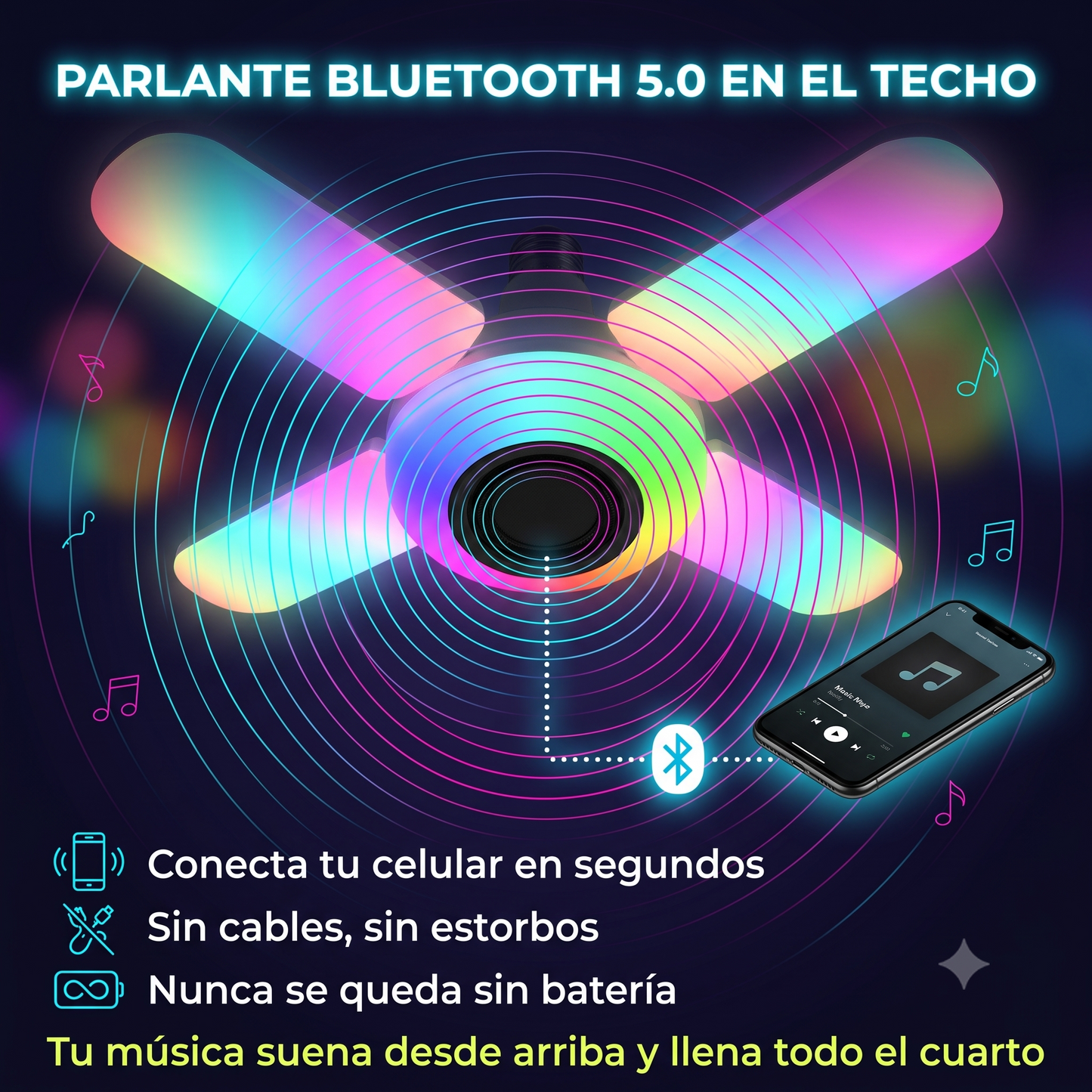 BOMBILLO PARLANTE RGB - ¡Tu cuarto, tus reglas. Crea la atmósfera perfecta para jugar, relajarte o festejar con un solo clic!