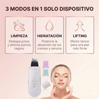 ESPATULA ULTRASÓNICA - ¡Elimina años de suciedad incrustada en minutos. Extrae la grasa, fulmina los puntos negros y luce una piel de cristal desde la primera pasada!