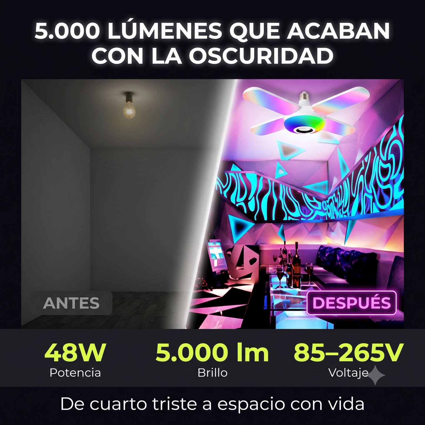 BOMBILLO PARLANTE RGB - ¡Tu cuarto, tus reglas. Crea la atmósfera perfecta para jugar, relajarte o festejar con un solo clic!