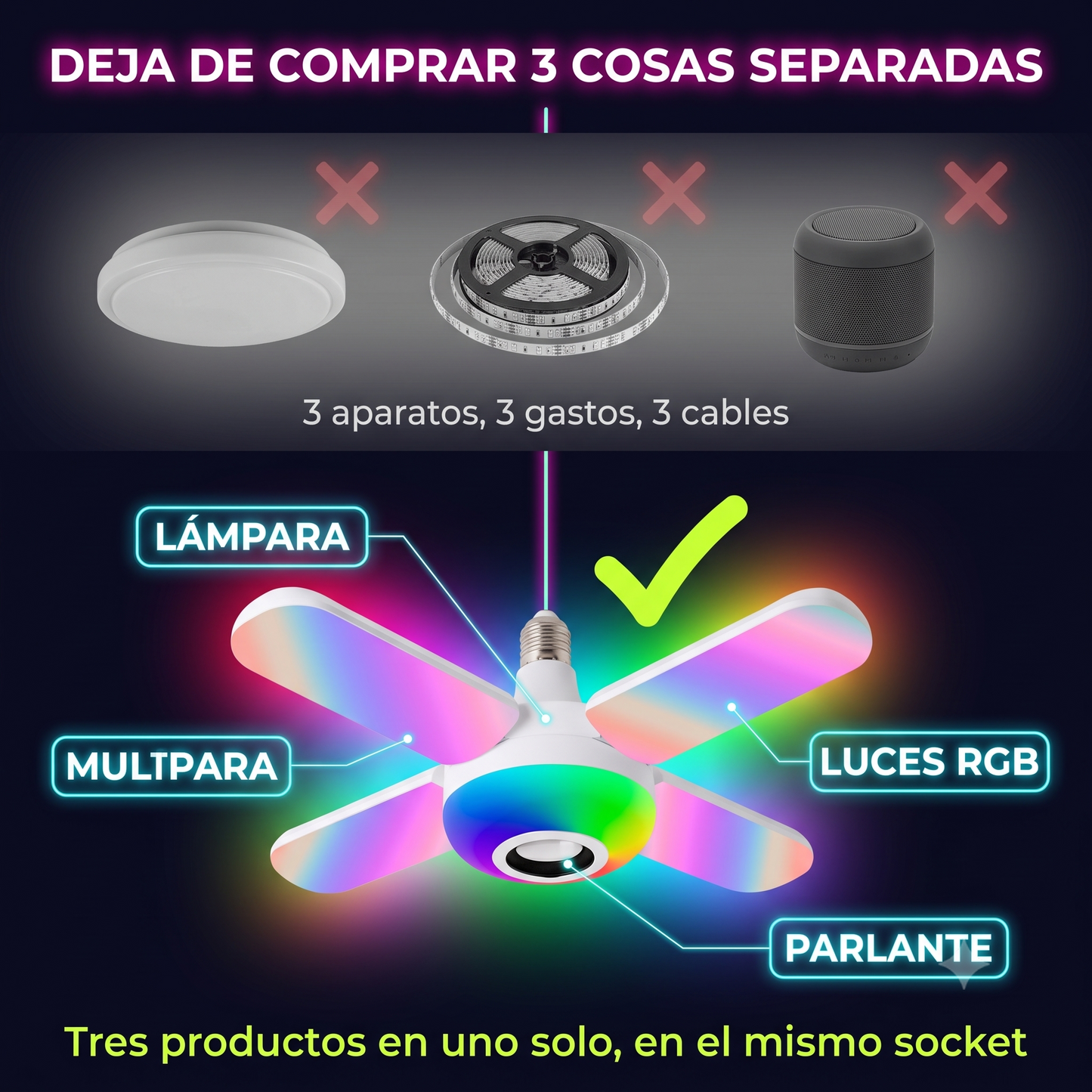 BOMBILLO PARLANTE RGB - ¡Tu cuarto, tus reglas. Crea la atmósfera perfecta para jugar, relajarte o festejar con un solo clic!